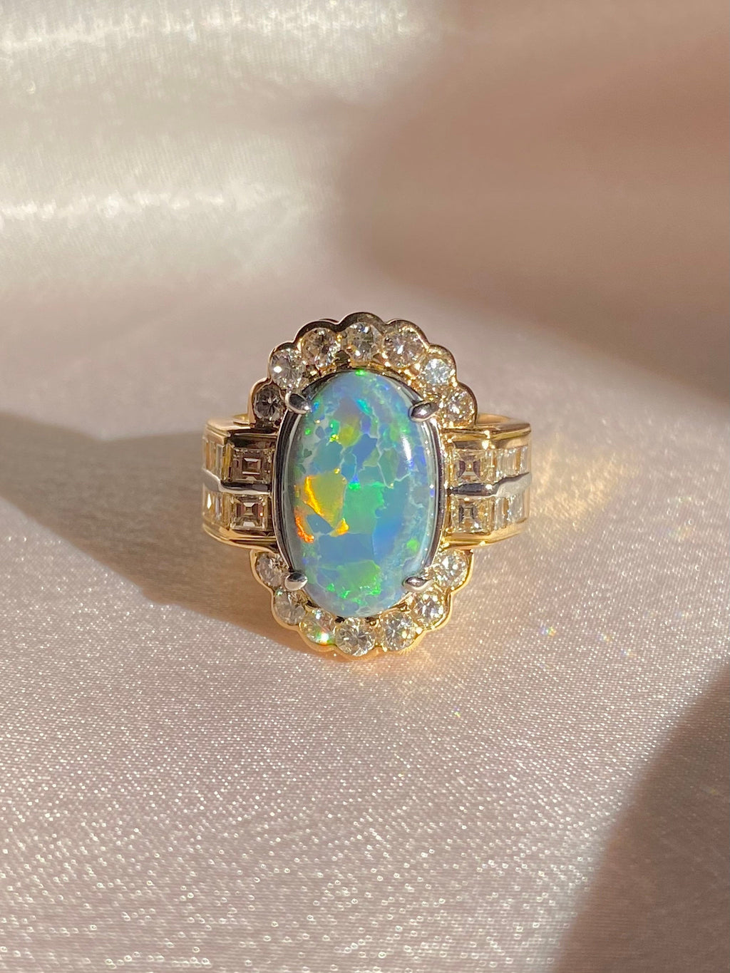 Vintage 18k Opal Asscher Diamond Cluster Ring 5.60 ctw