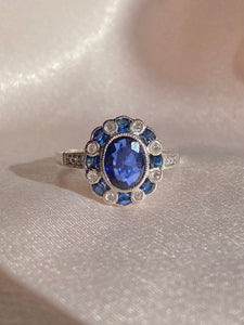 Antique Platinum Sapphire French Cut Diamond Cluster Ring