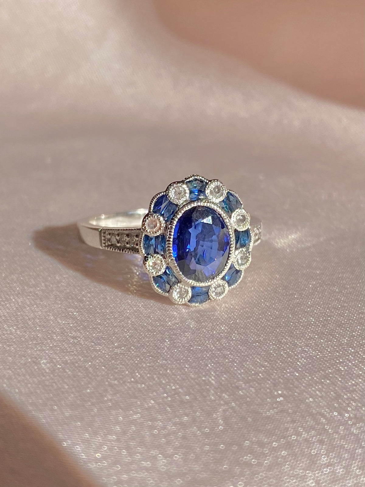 Antique Platinum Sapphire French Cut Diamond Cluster Ring