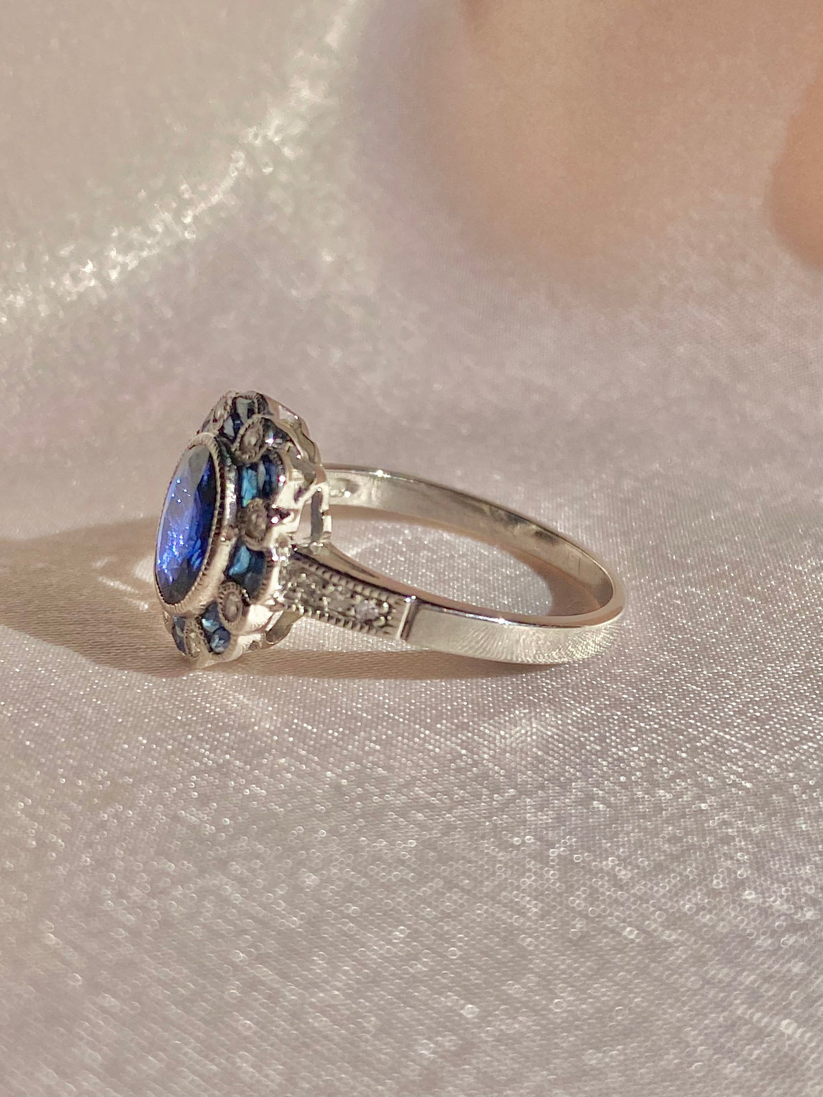 Antique Platinum Sapphire French Cut Diamond Cluster Ring