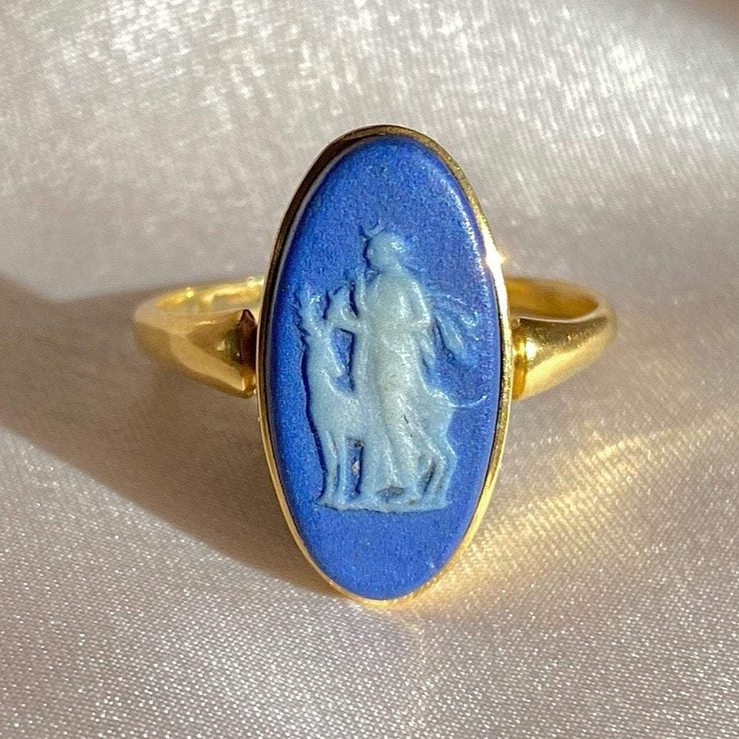 Antique 18k Lapis Lazuli Cameo Ring Wedgwood 1800s