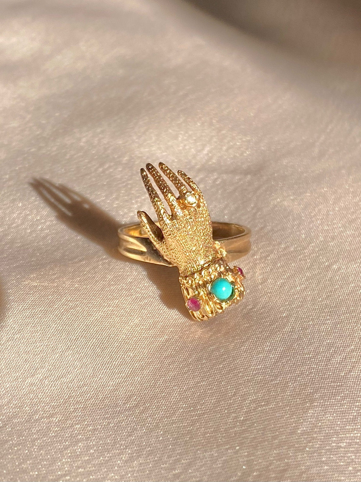 Vintage 9k Turquoise Ruby Diamond Mano Ring 1972
