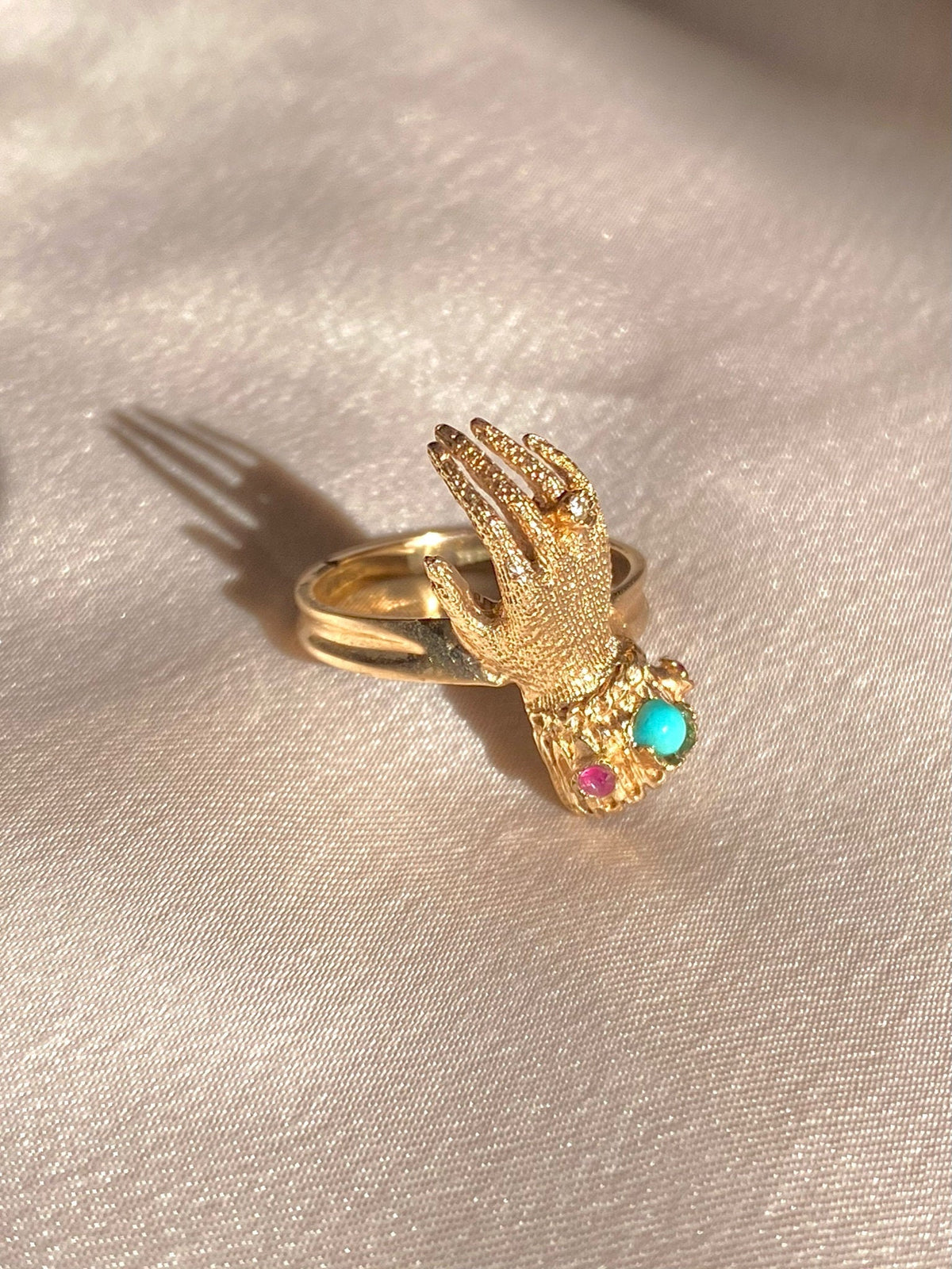 Vintage 9k Turquoise Ruby Diamond Mano Ring 1972
