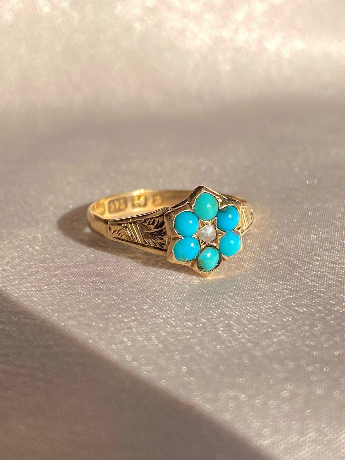 Antique 9k Turquoise Pearl Flower Cluster Ring 1899