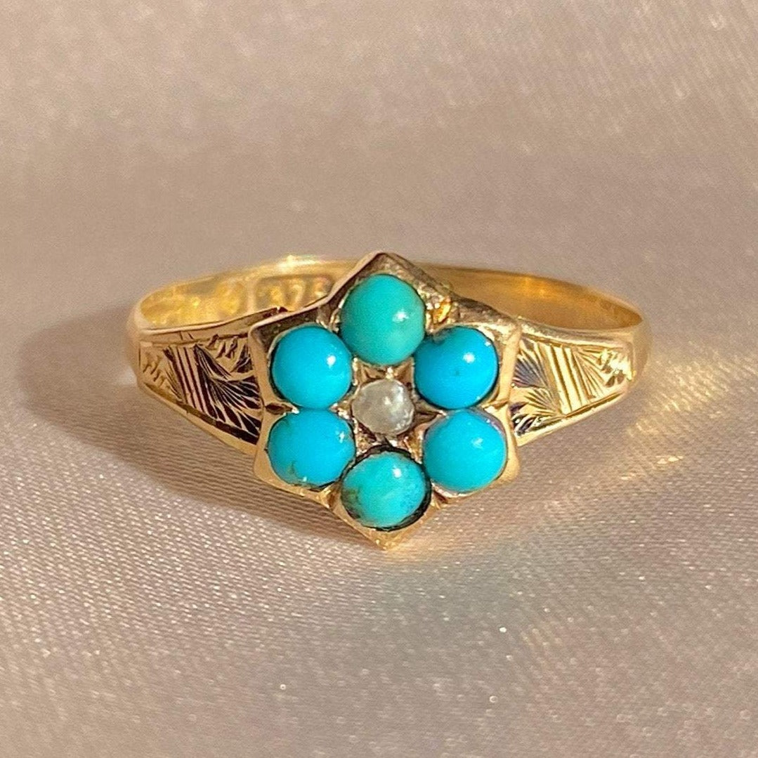 Antique 9k Turquoise Pearl Flower Cluster Ring 1899