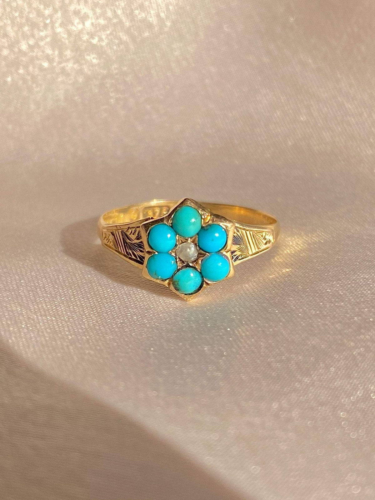 Antique 9k Turquoise Pearl Flower Cluster Ring 1899