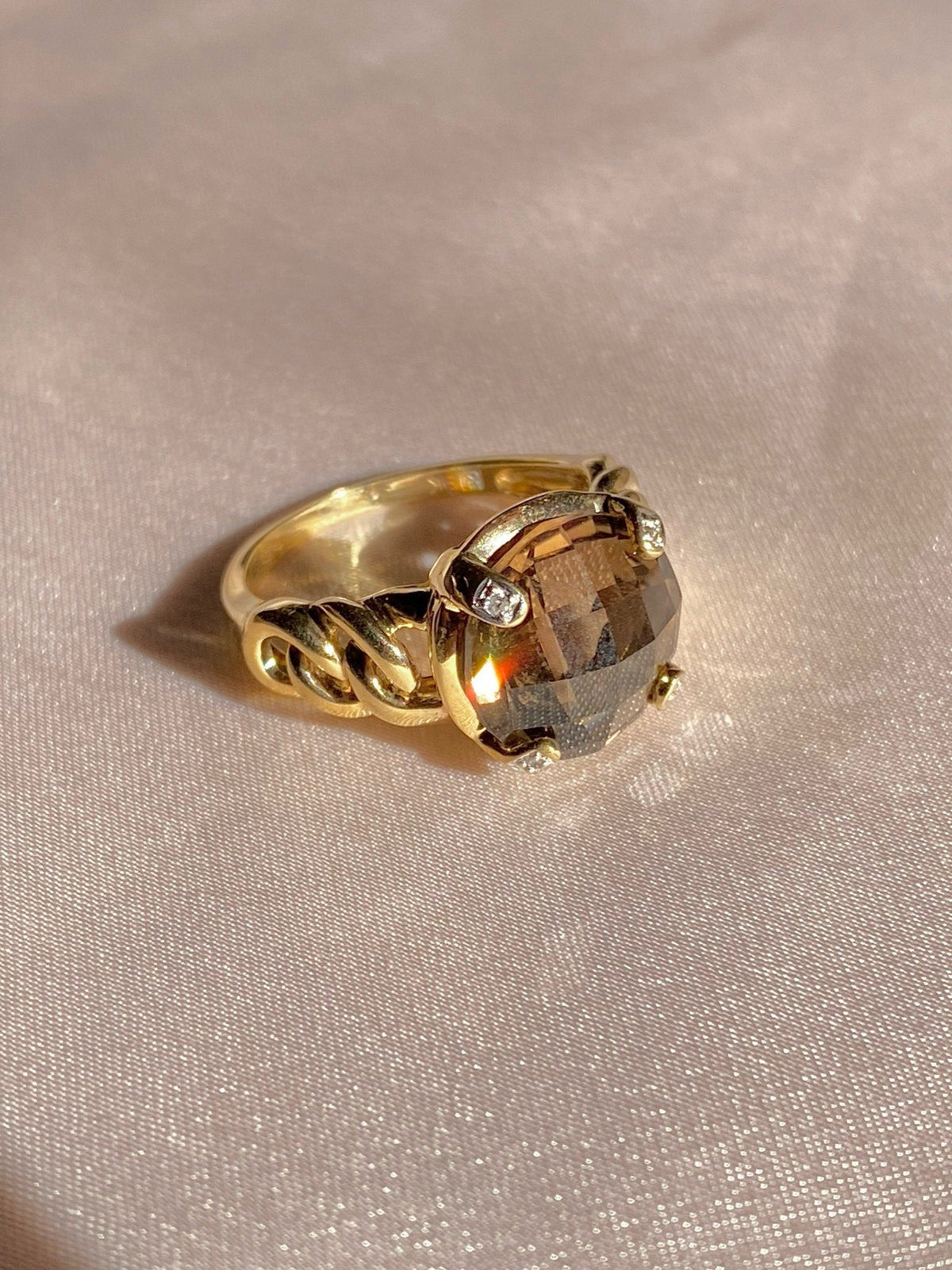 Vintage 9k Smokey Quartz Diamond Checker Ring