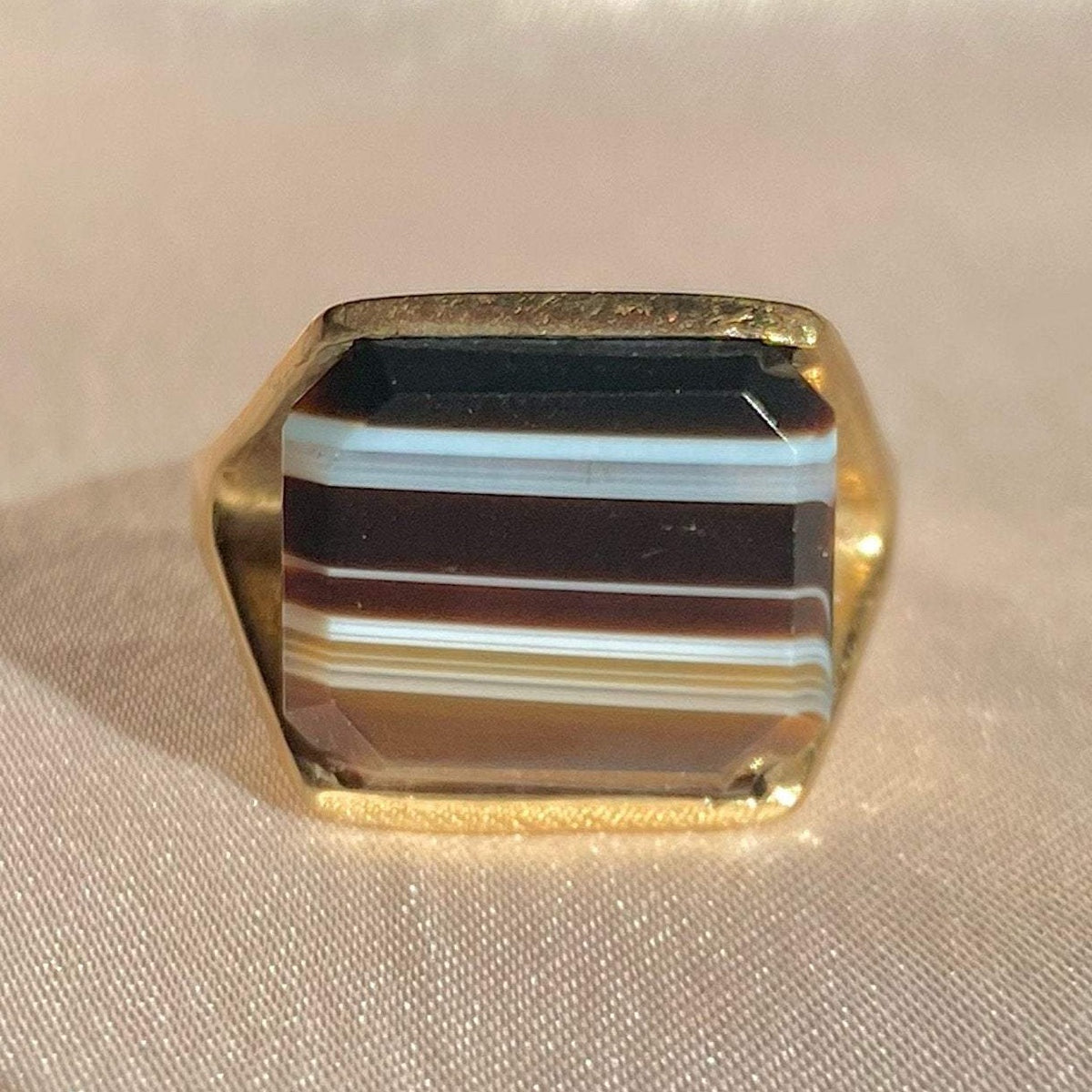 Vintage 9k Brown Striped Agate Split Ring 1992