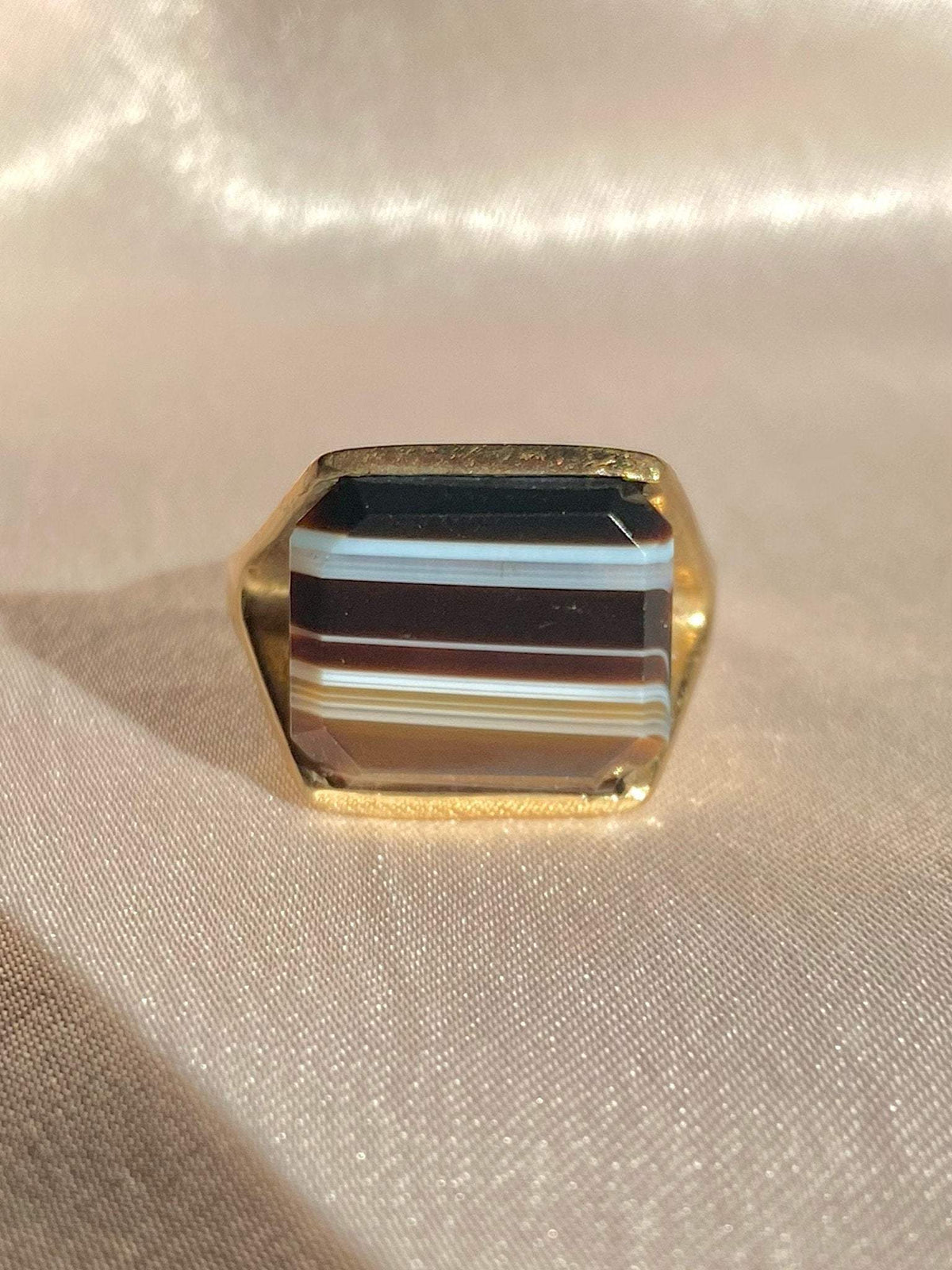 Vintage 9k Brown Striped Agate Split Ring 1992