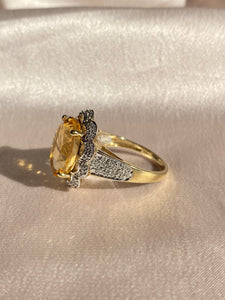 Vintage 9k Citrine Diamond Flower Cluster Cocktail Ring