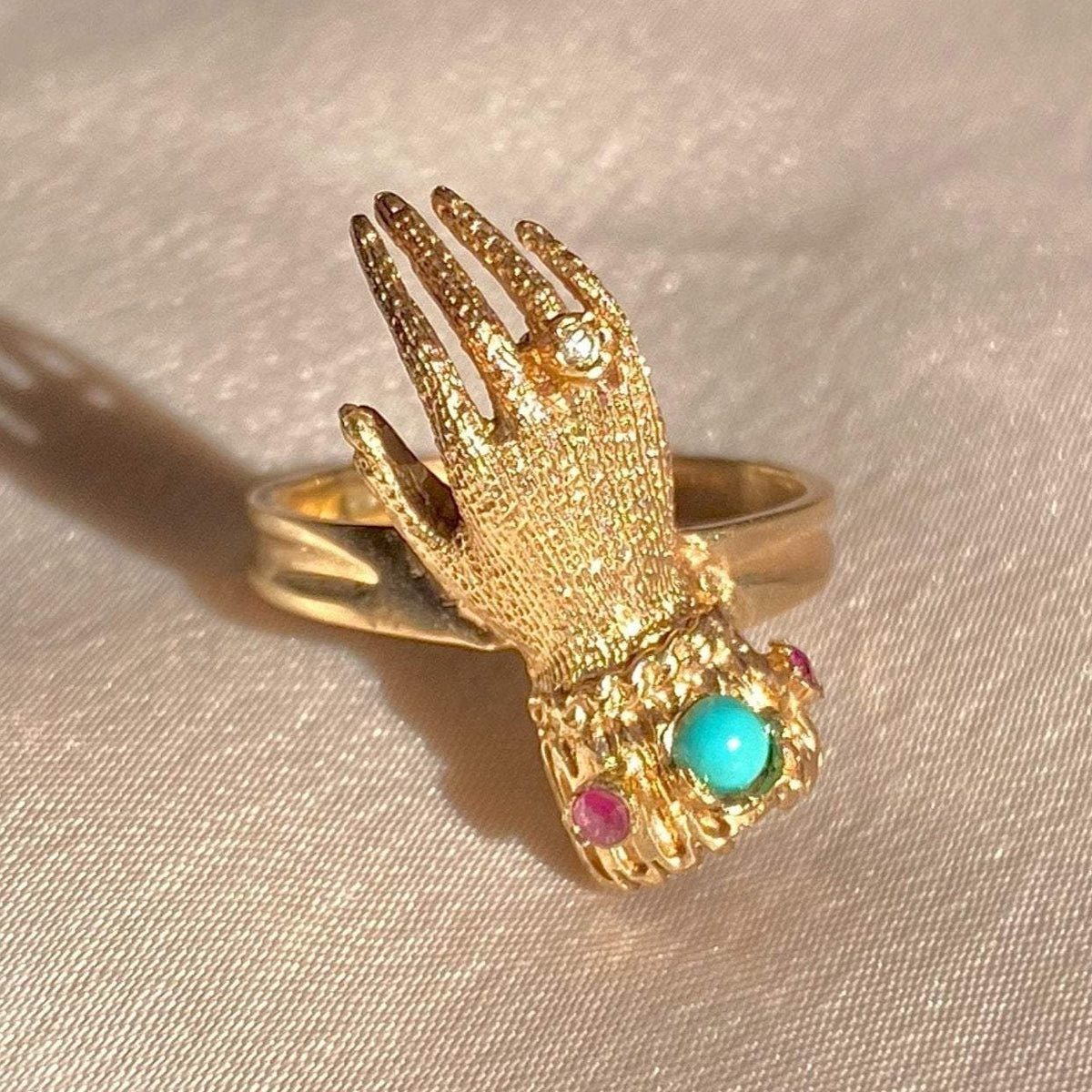 Vintage 9k Turquoise Ruby Diamond Mano Ring 1972
