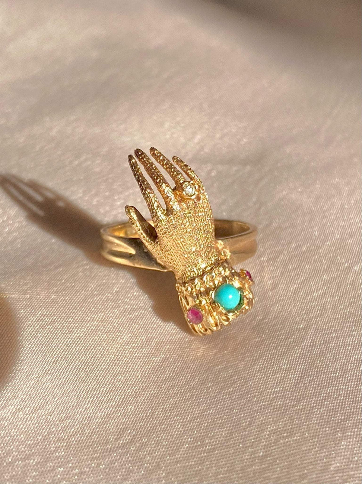 Vintage 9k Turquoise Ruby Diamond Mano Ring 1972