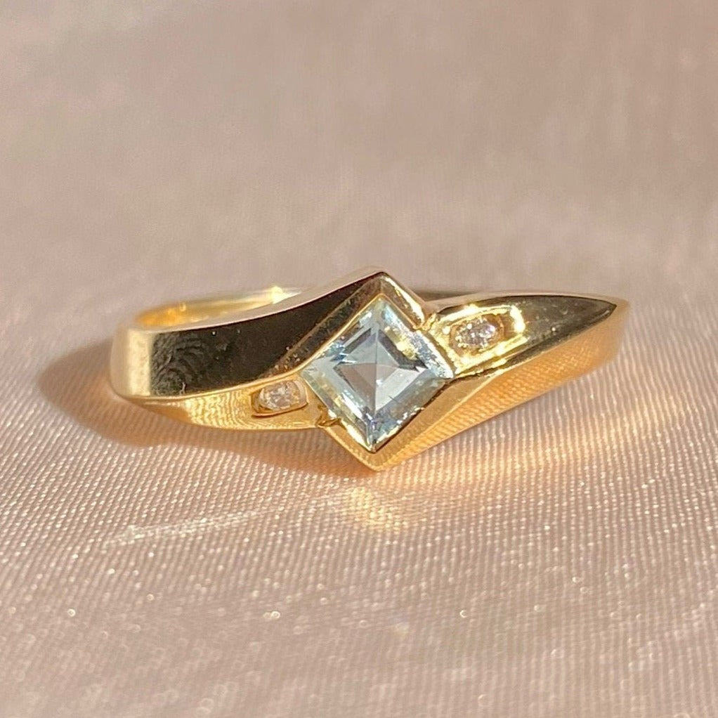 Vintage 10k Asscher Aquamarine Diamond Ring