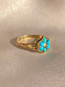 Antique 9k Turquoise Pearl Flower Cluster Ring 1899