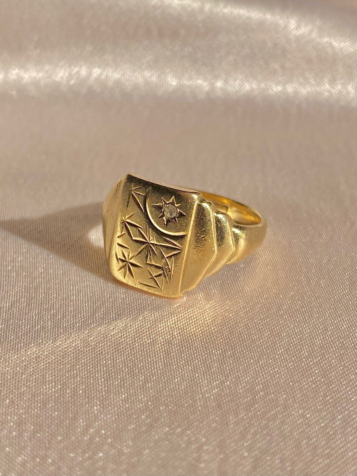 Antique 9k Diamond Starburst Signet Ring 1900s