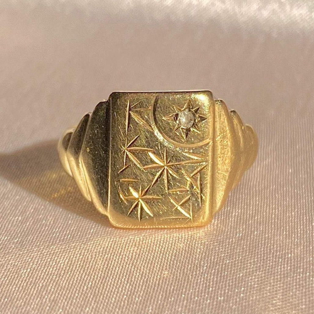 Antique 9k Diamond Starburst Signet Ring 1900s
