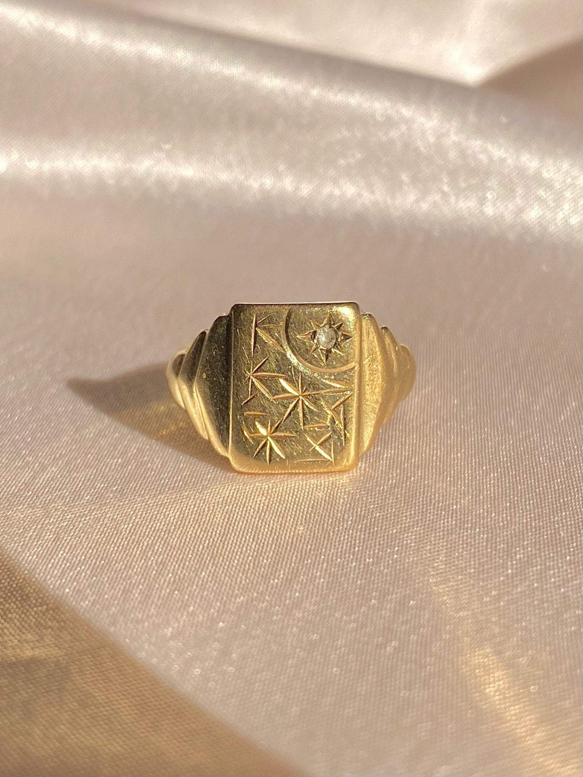 Antique 9k Diamond Starburst Signet Ring 1900s
