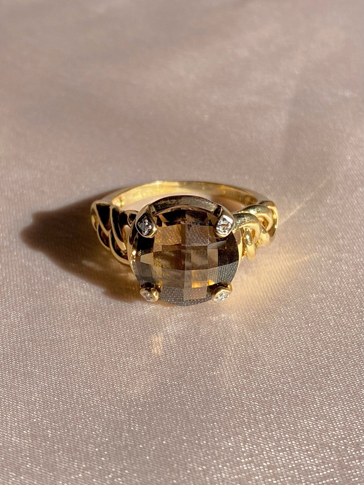 Vintage 9k Smokey Quartz Diamond Checker Ring