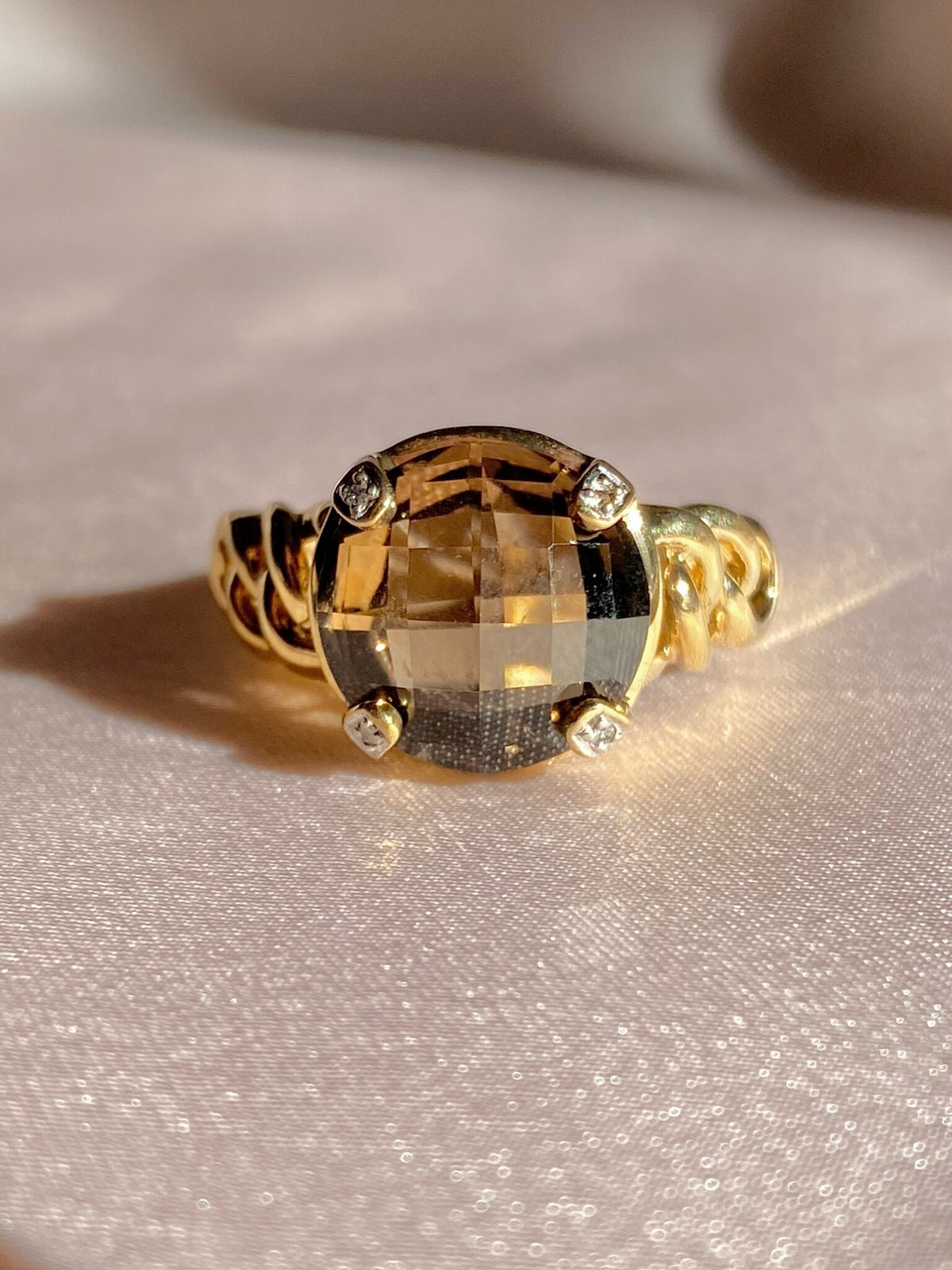 Vintage 9k Smokey Quartz Diamond Checker Ring