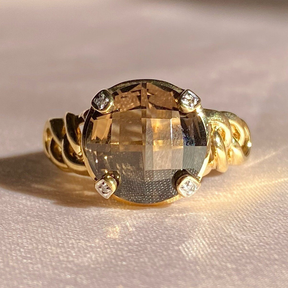 Vintage 9k Smokey Quartz Diamond Checker Ring