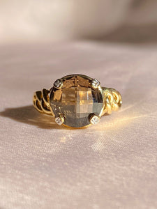 Vintage 9k Smokey Quartz Diamond Checker Ring