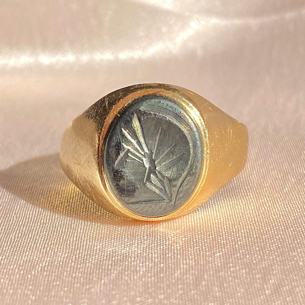 Vintage 9k Hematite Intaglio Signet Ring 1973