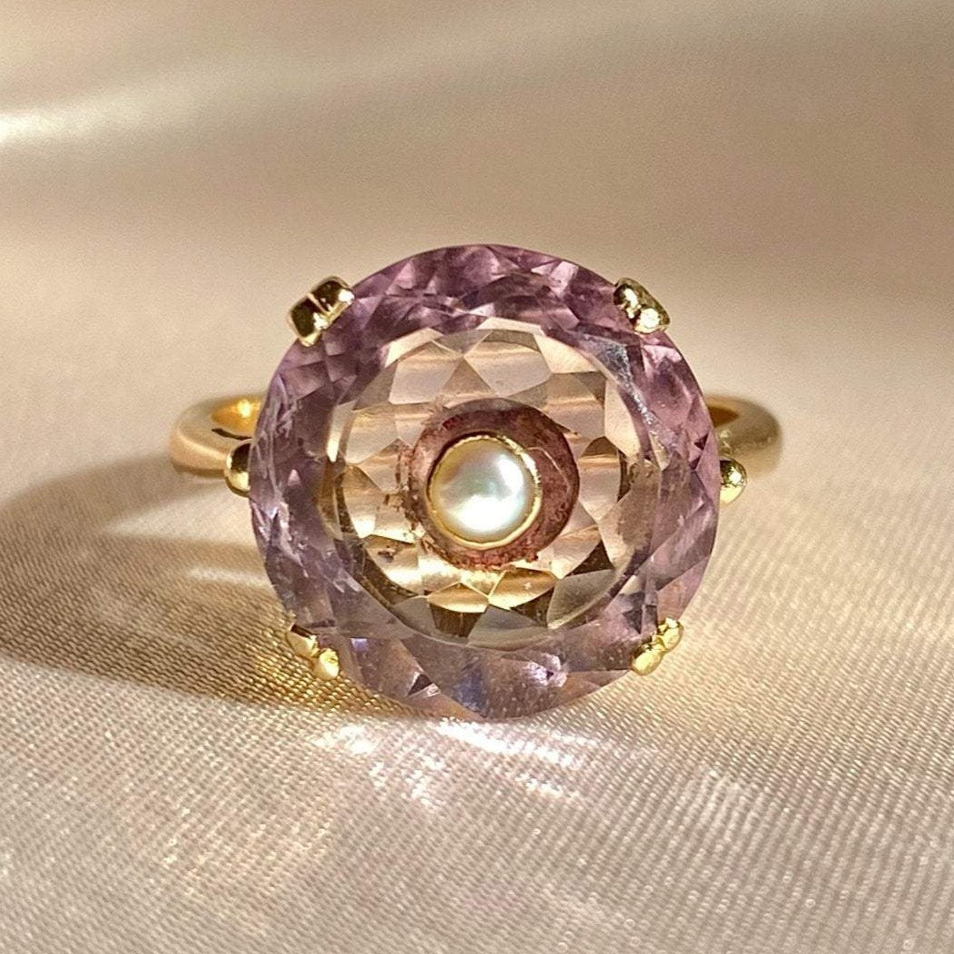Vintage 9k Amethyst Pearl Target Ring