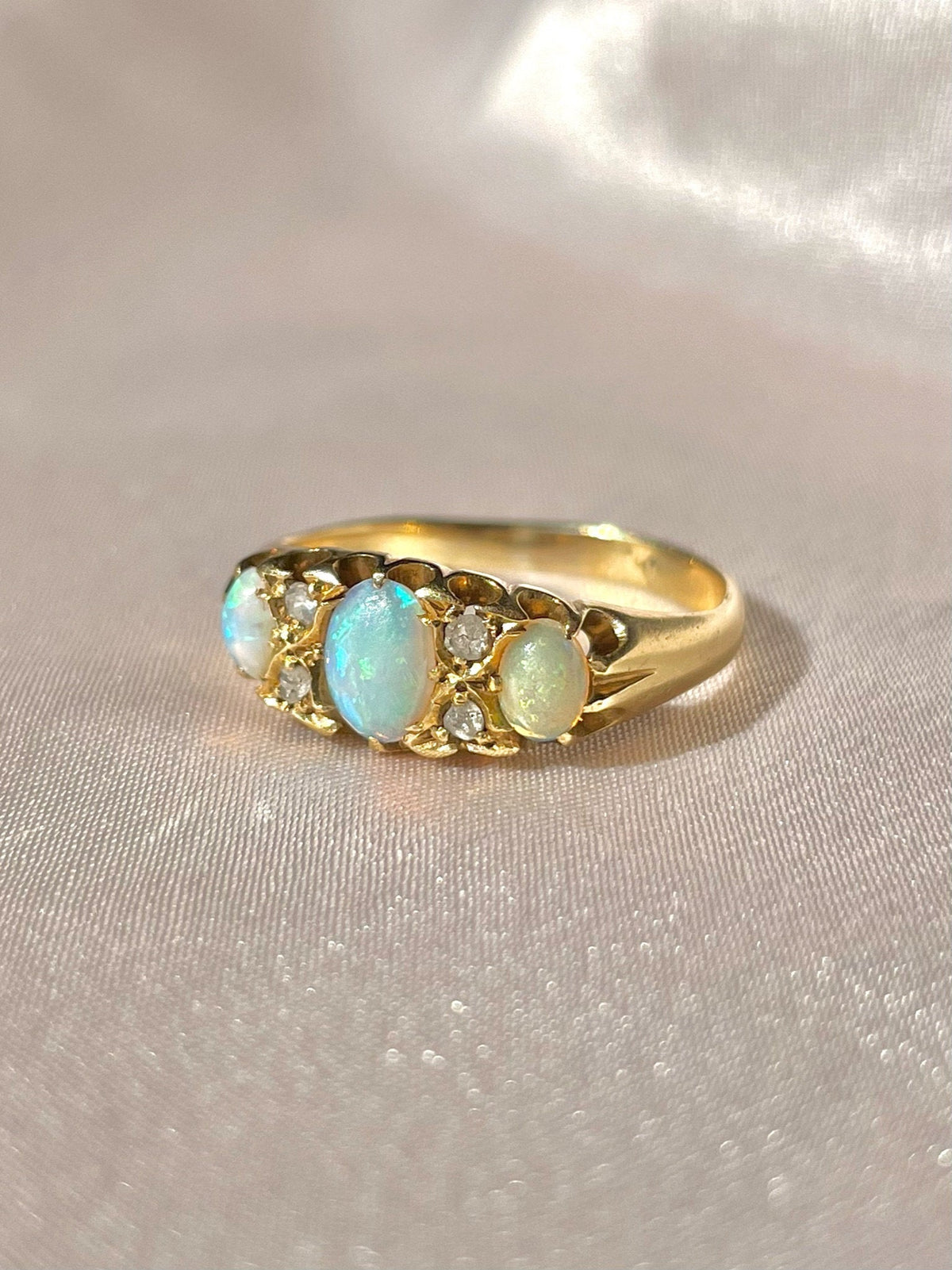 Antique 18k Opal Diamond Cabochon Boat Ring