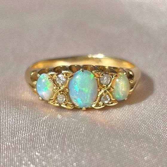 Antique 18k Opal Diamond Cabochon Boat Ring