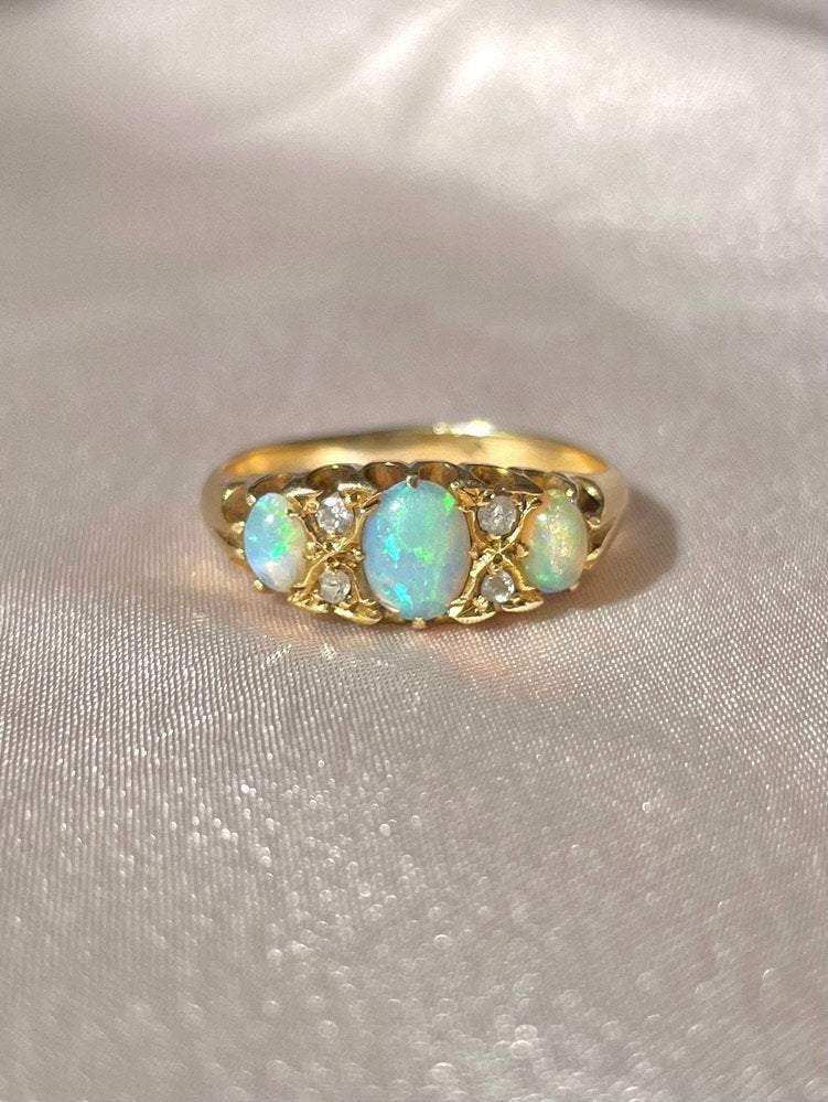 Antique 18k Opal Diamond Cabochon Boat Ring