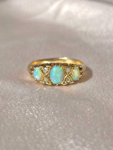 Antique 18k Opal Diamond Cabochon Boat Ring