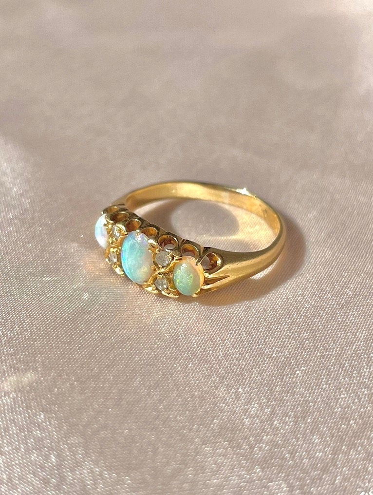 Antique 18k Opal Diamond Cabochon Boat Ring
