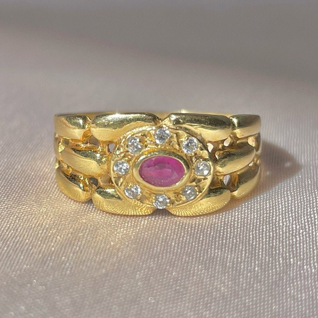 Vintage 18k Ruby Halo Chain Ring