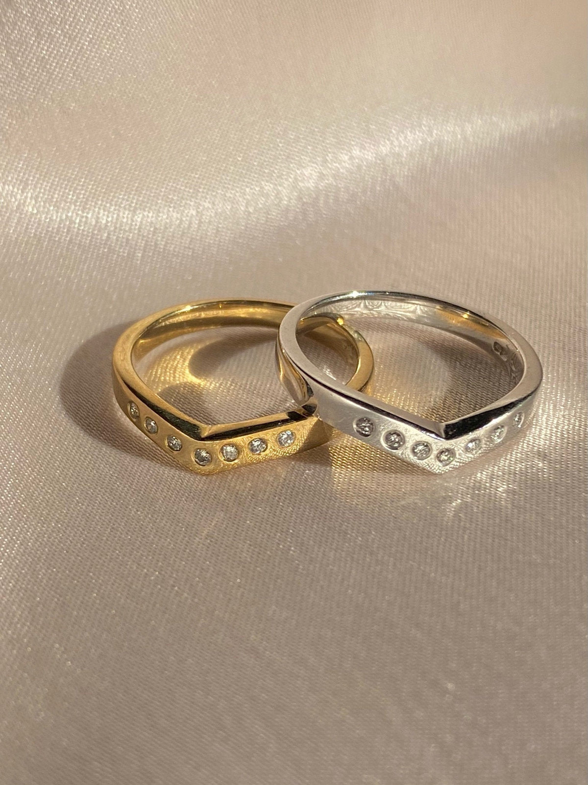 Set of Two Vintage 9k Diamond Chevron Rings