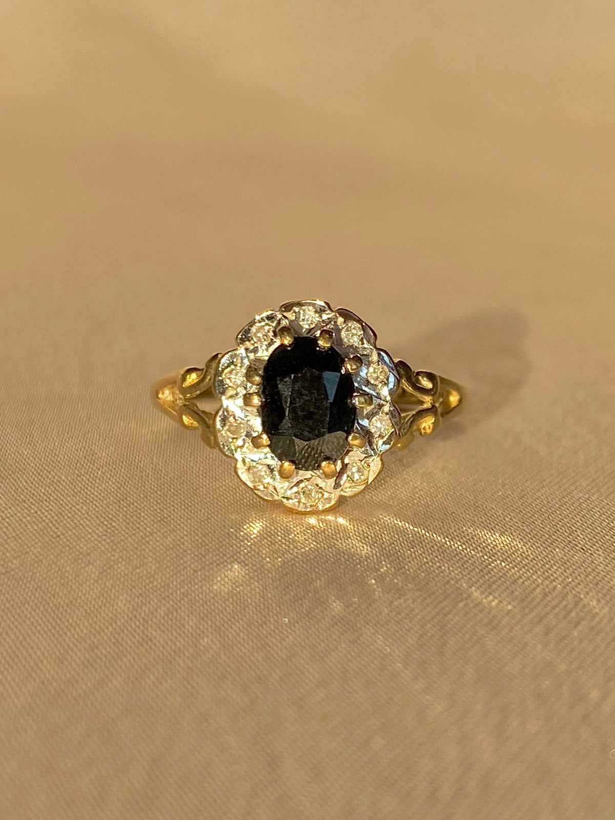 Vintage 9k Sapphire Diamond Halo Ring 1988