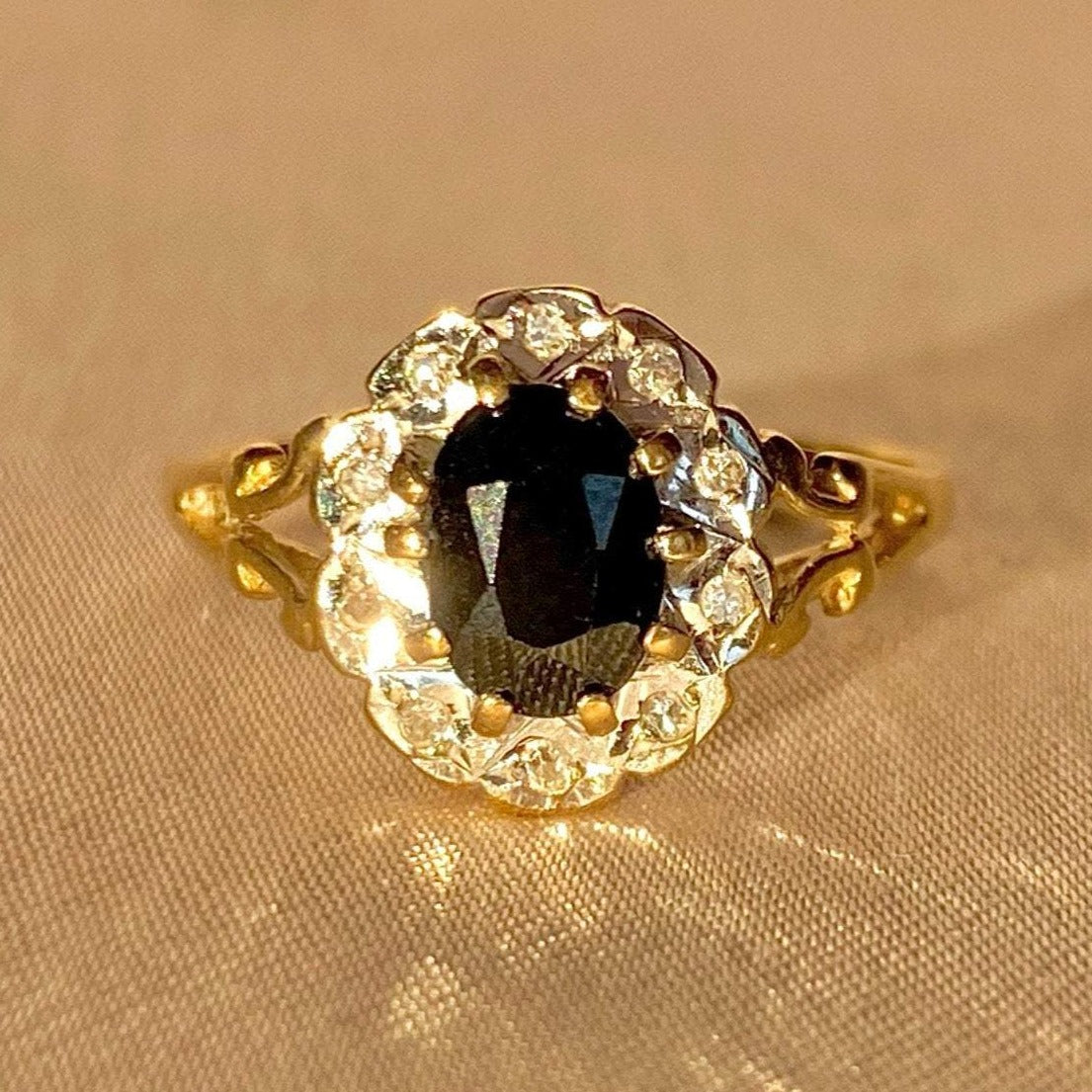 Vintage 9k Sapphire Diamond Halo Ring 1988