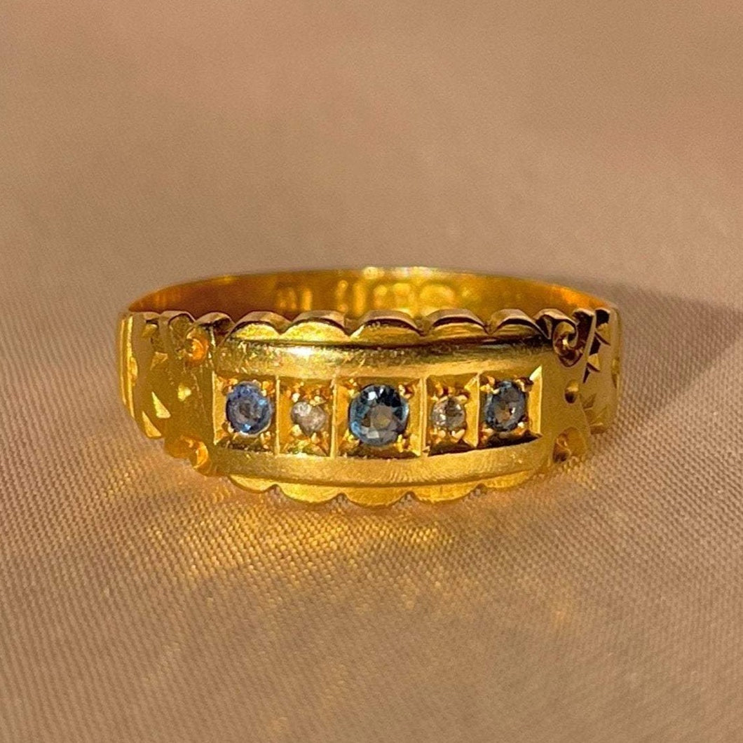 Antique 18k Sapphire Diamond Scallop Gypsy Ring 1900