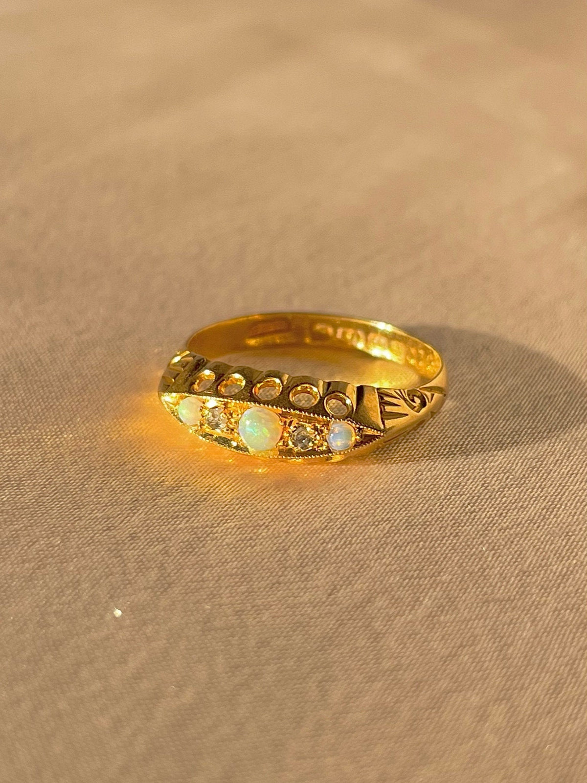 Antique 18k Opal Diamond Boat Ring 1912