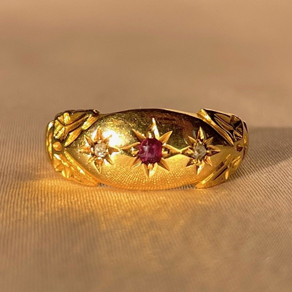 Antique 18k Diamond Ruby Trilogy Starburst Gypsy Ring 1902