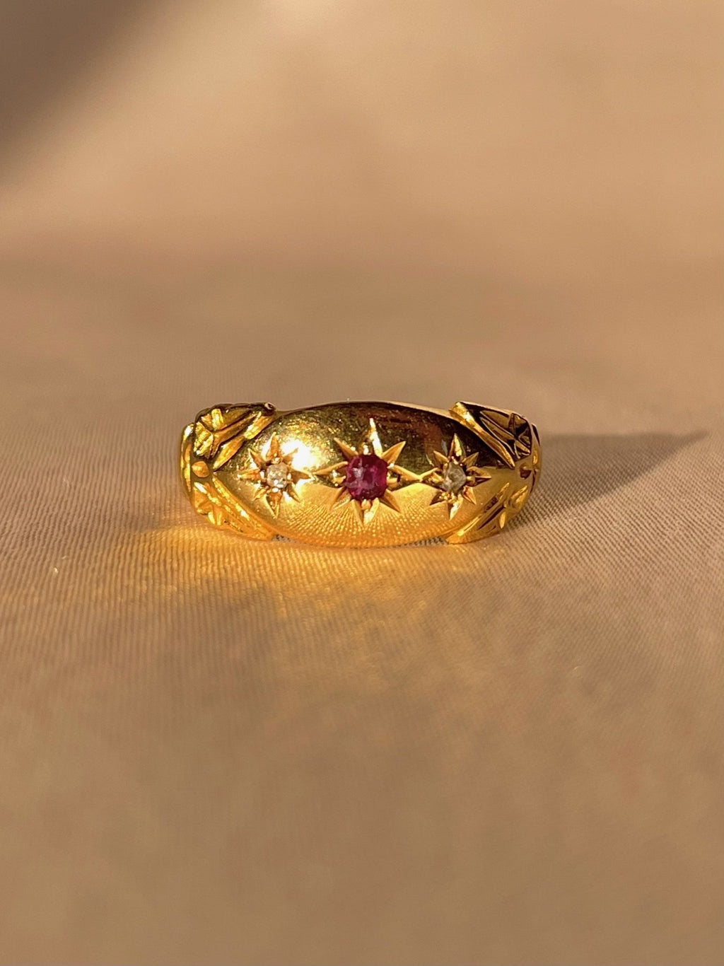 Antique 18k Diamond Ruby Trilogy Starburst Gypsy Ring 1902