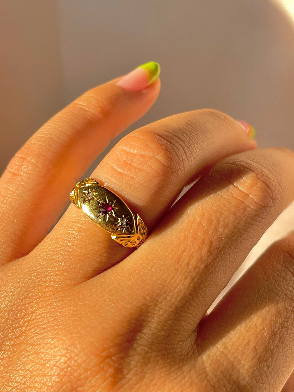 Antique 18k Diamond Ruby Trilogy Starburst Gypsy Ring 1902