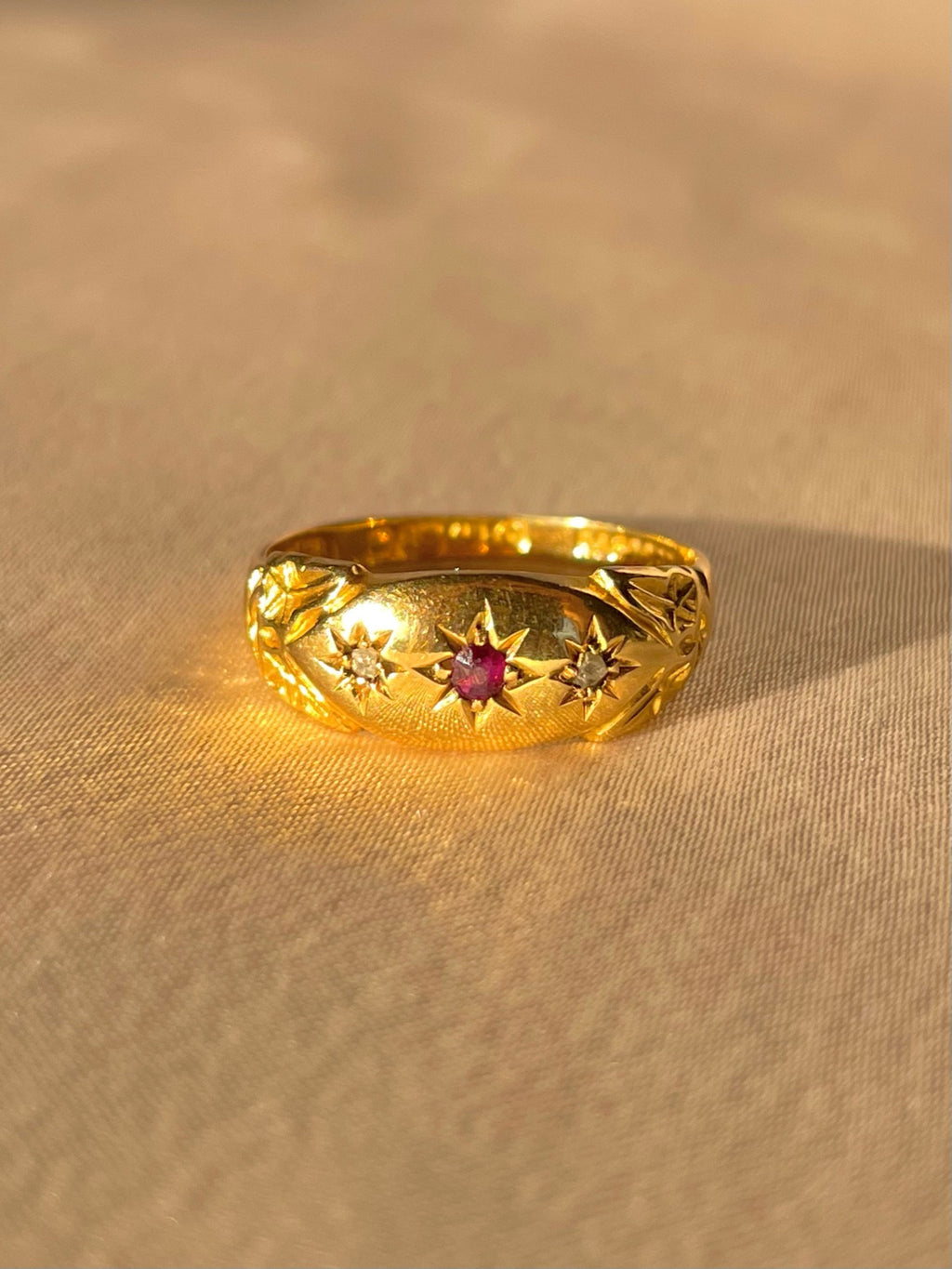 Antique 18k Diamond Ruby Trilogy Starburst Gypsy Ring 1902