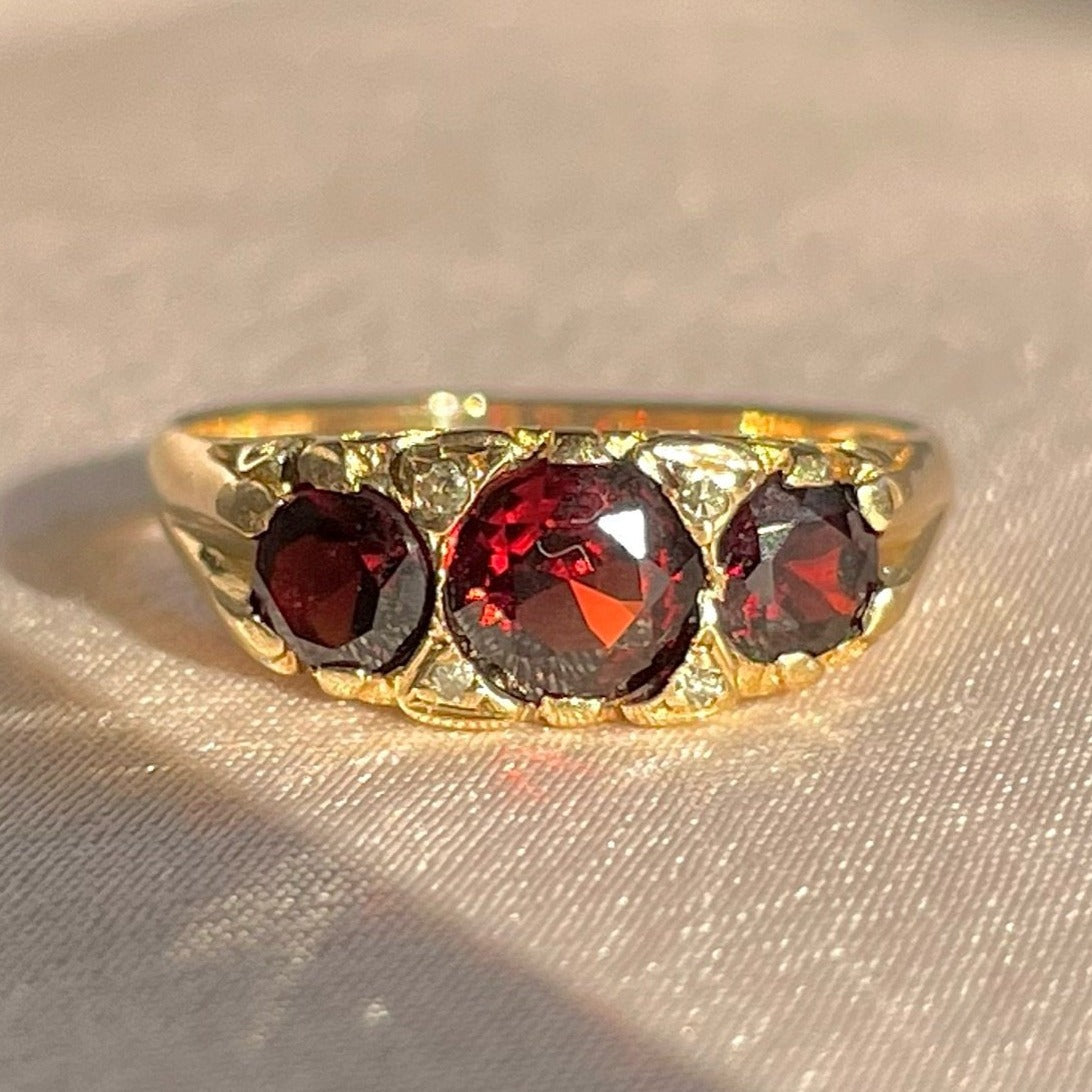 Vintage 9k Garnet Diamond Boat Ring 1963