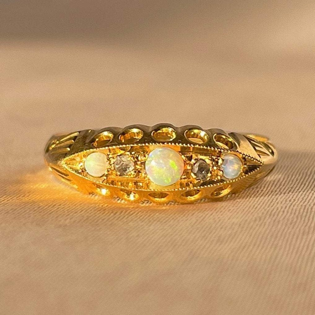 Antique 18k Opal Diamond Boat Ring 1912