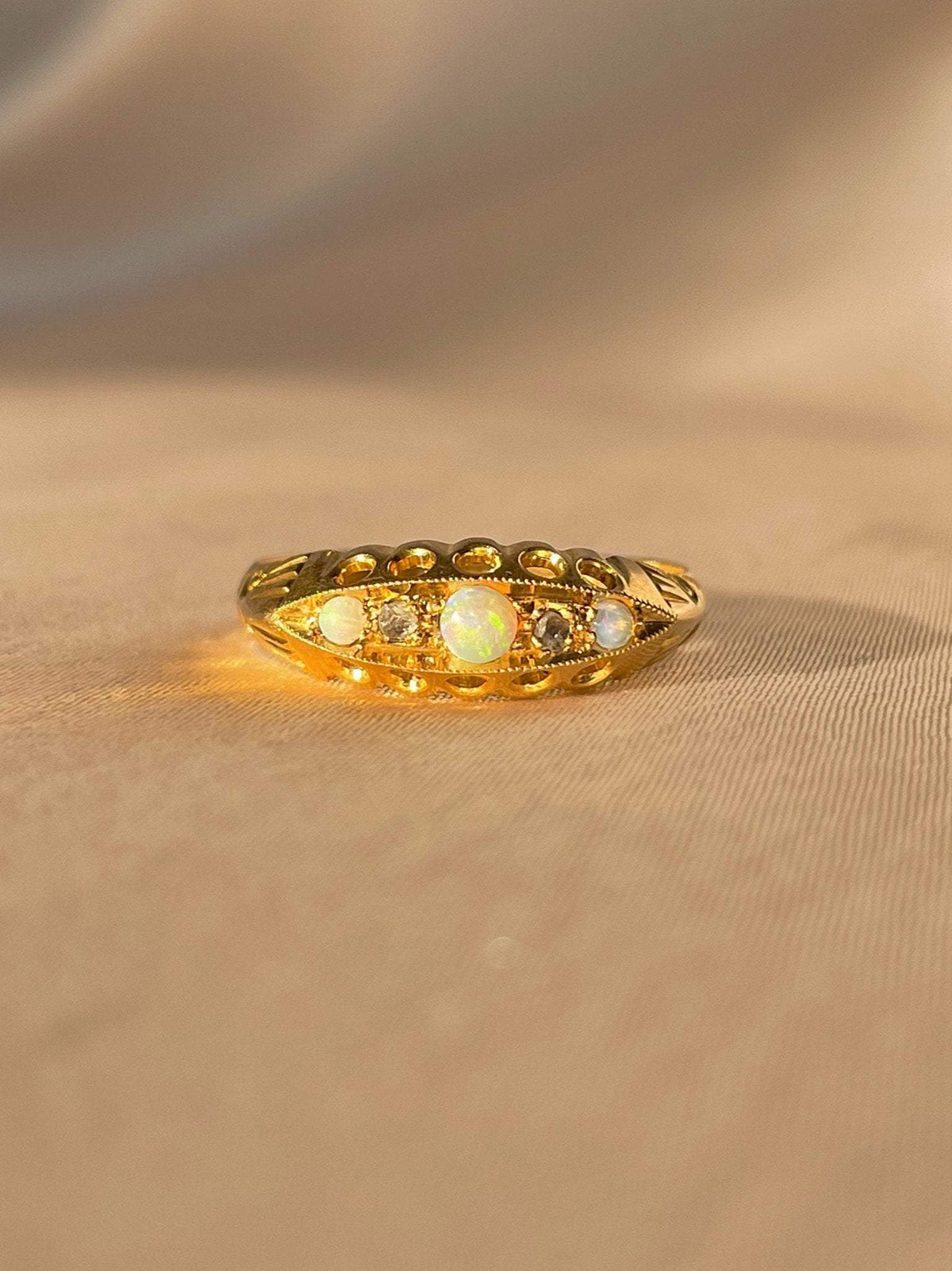 Antique 18k Opal Diamond Boat Ring 1912