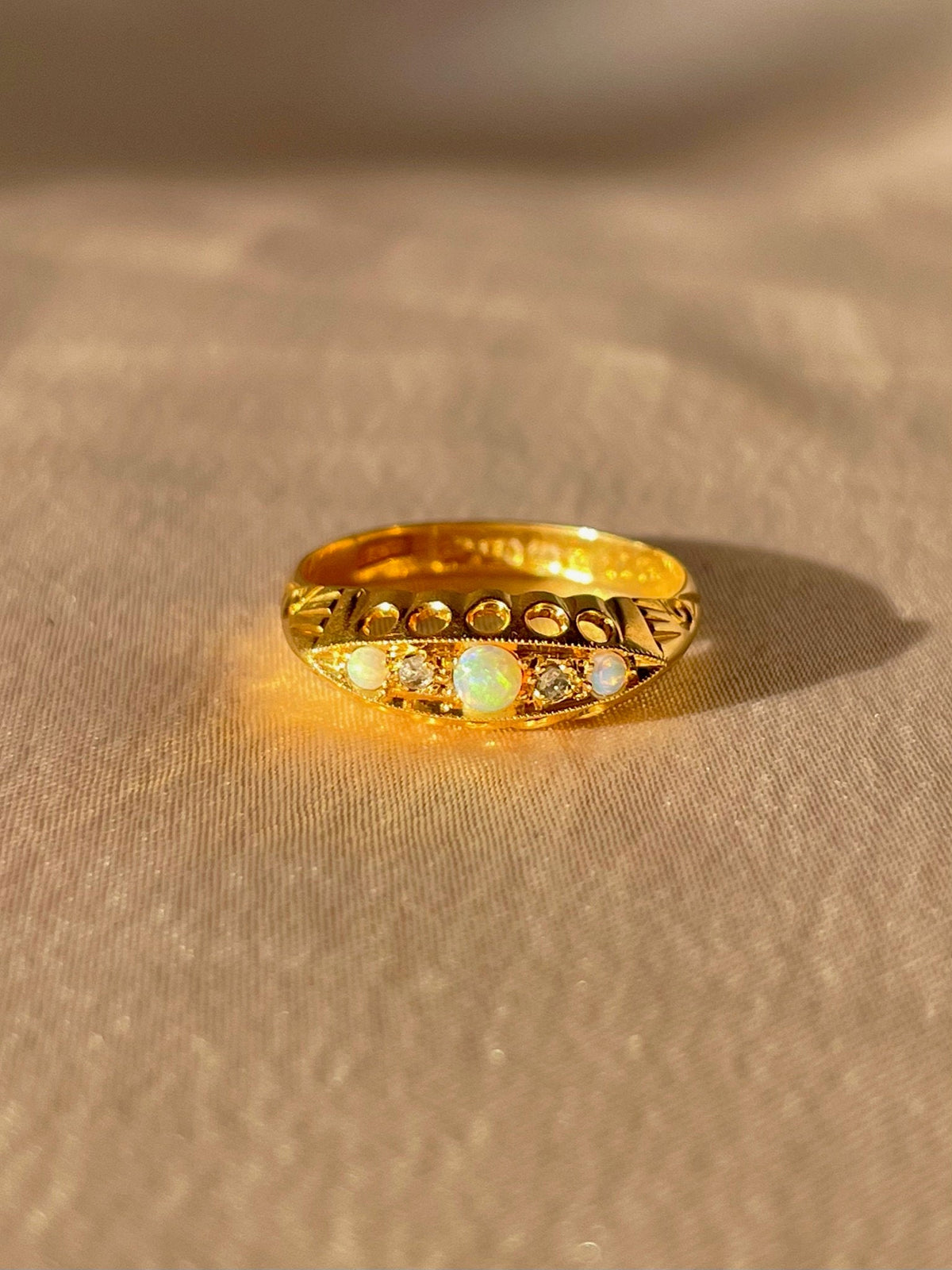 Antique 18k Opal Diamond Boat Ring 1912
