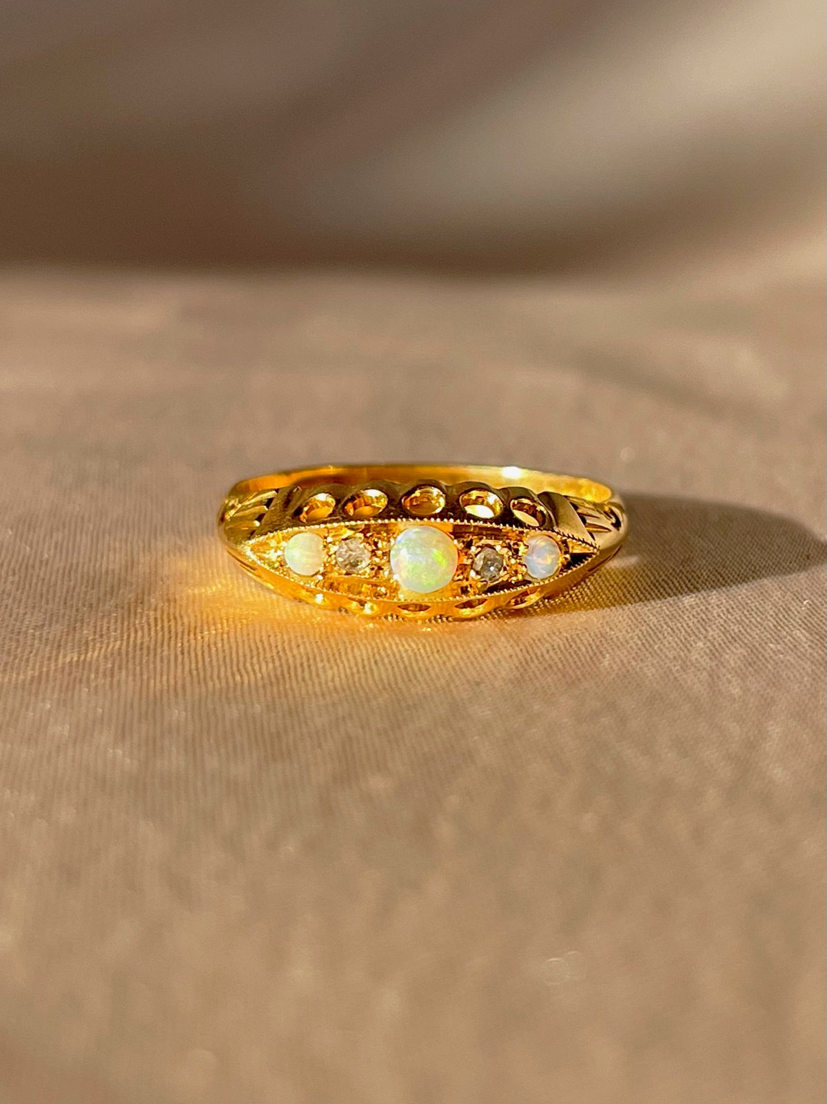 Antique 18k Opal Diamond Boat Ring 1912