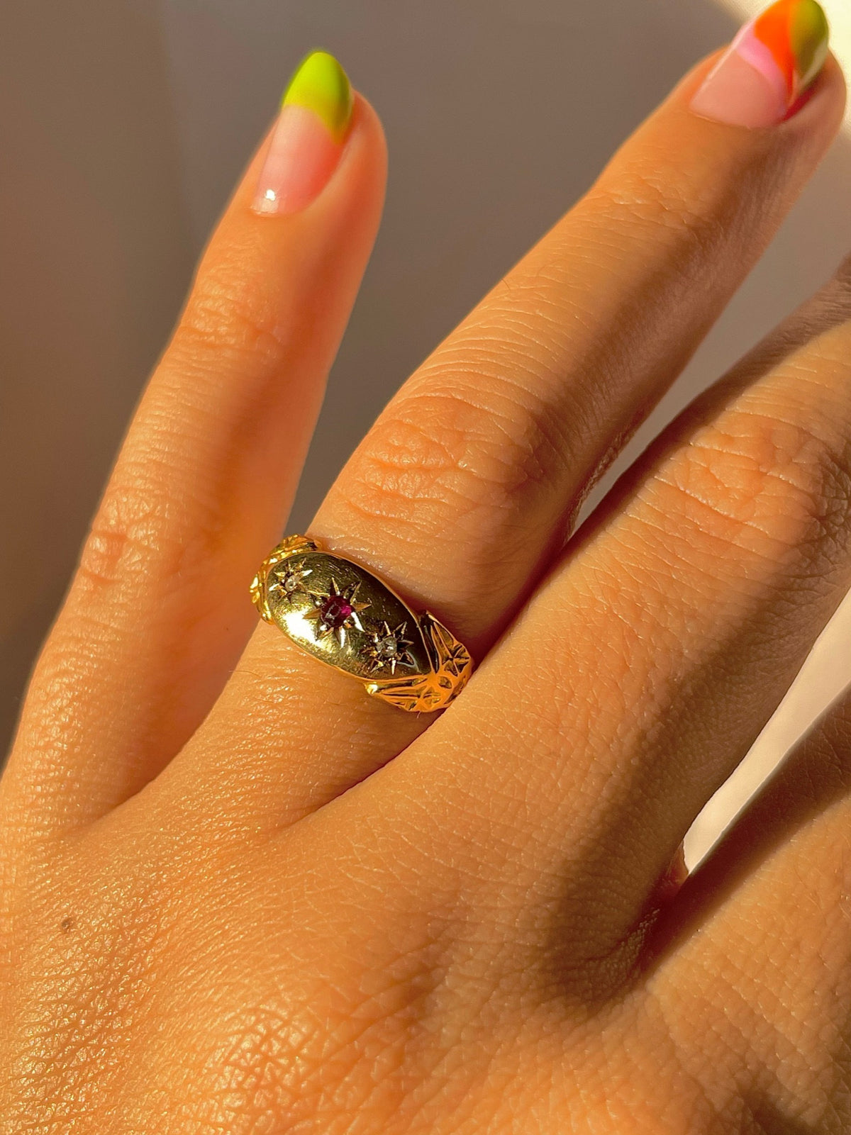 Antique 18k Diamond Ruby Trilogy Starburst Gypsy Ring 1902