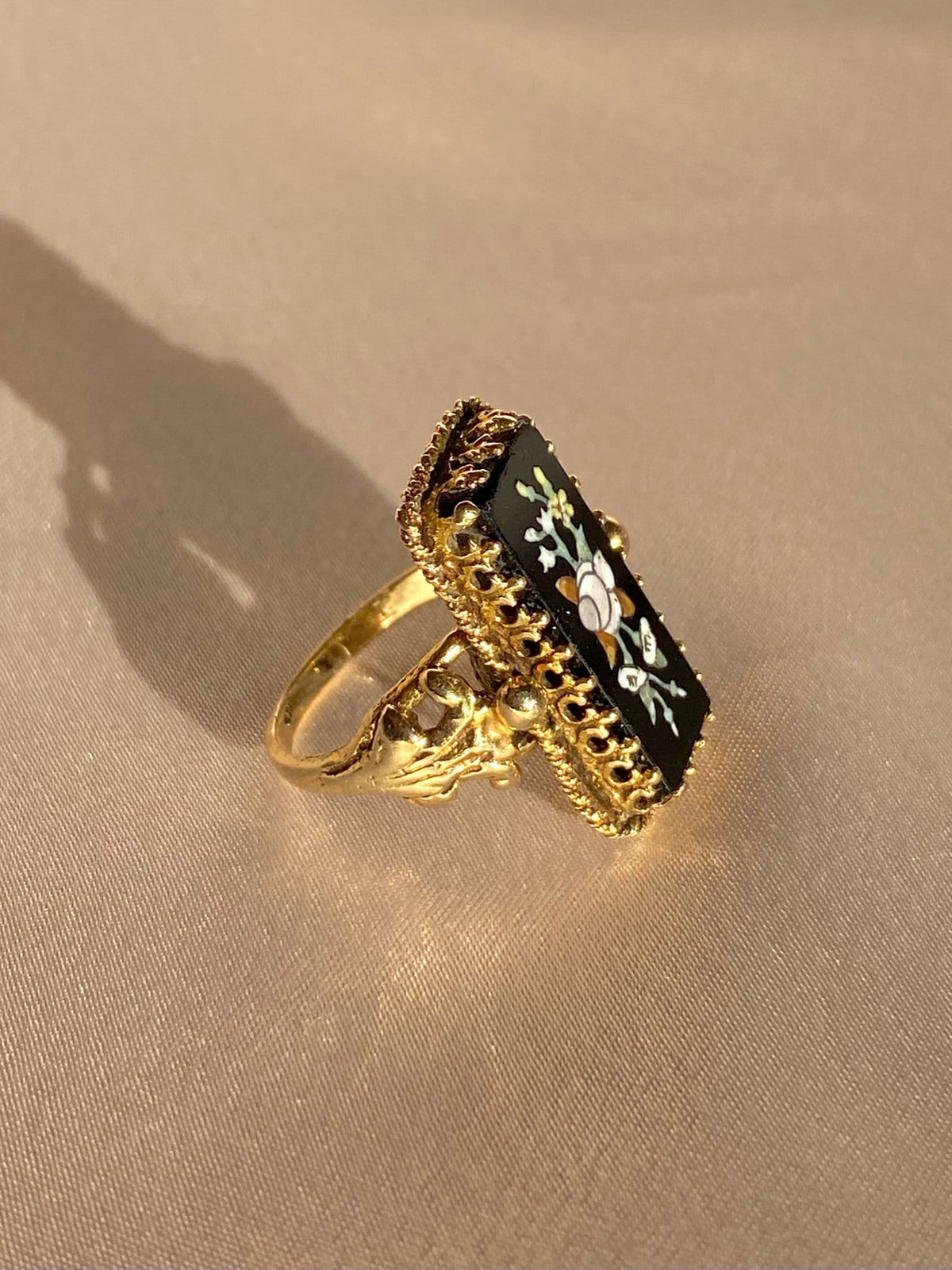 Antique 14k Onyx Enamel Floral Slab Ring