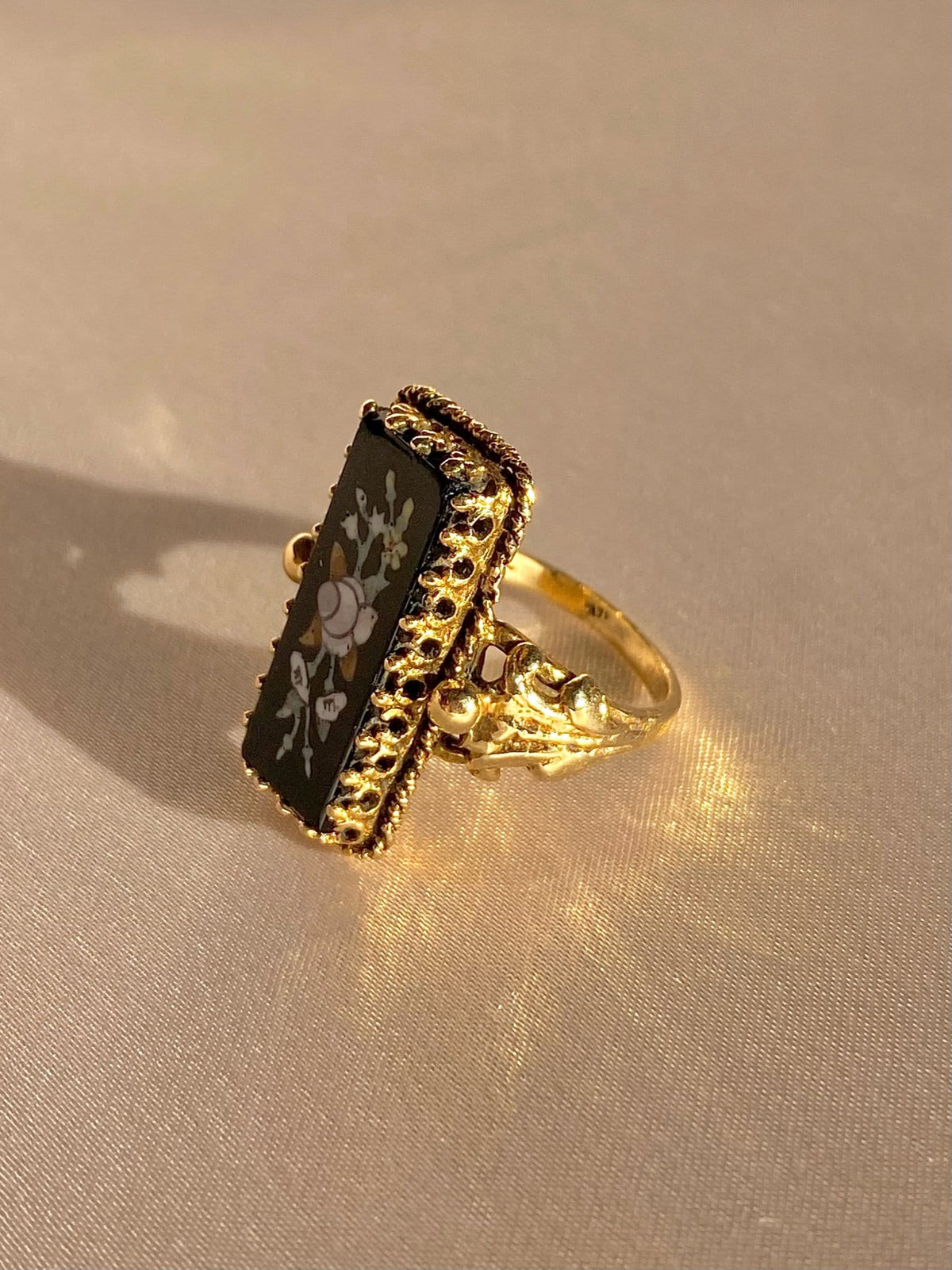Antique 14k Onyx Enamel Floral Slab Ring